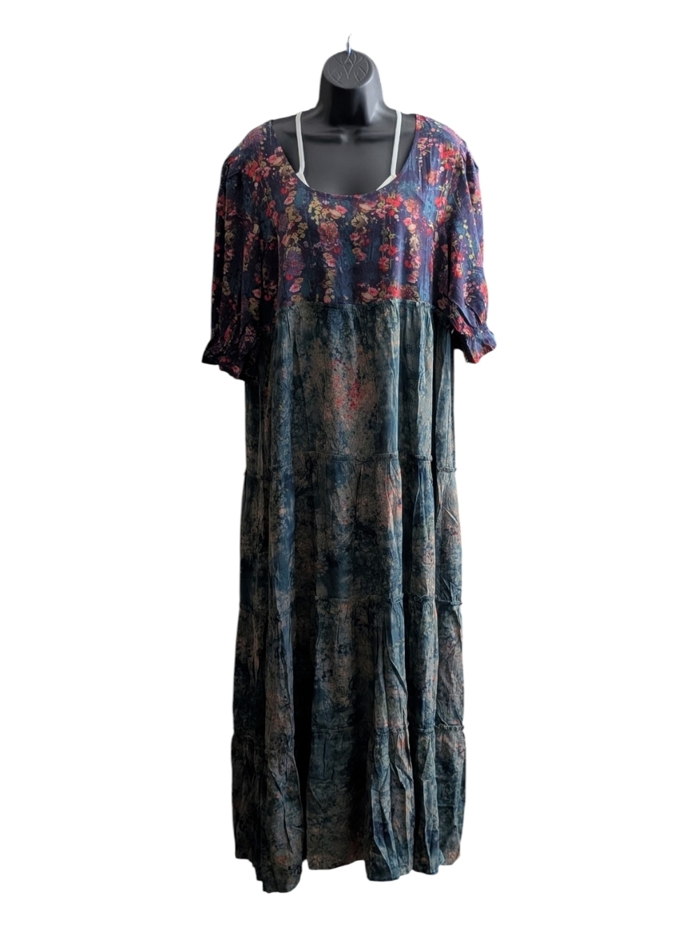 🆕 Women's SIZE L Natural Life 3/4 Sleeve Floral & Tie Dye Tiered Maxi Dress